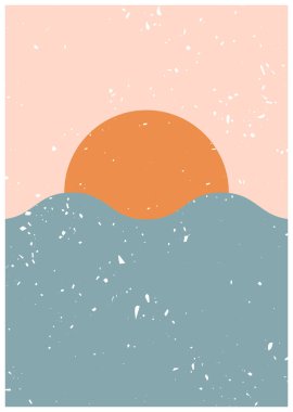 Güneş ve deniz ile soyut çağdaş estetik arka planlar. Toprak tonları, pastel renkler. Boho duvar dekoru. Orta yüzyıl modern minimalist sanat baskısı. Düz soyut tasarım