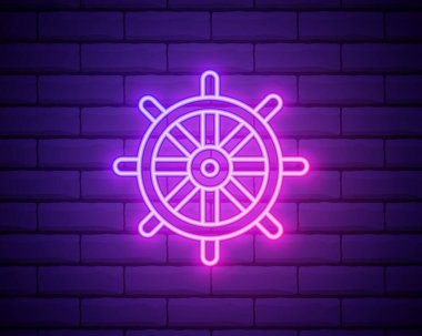 Gemi tekerleği neon ikonu. Yaz seti elementleri. Tuğla duvara izole edilmiş web siteleri, web tasarımı, mobil uygulama ve bilgi grafikleri için basit simge.