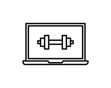 Çevrimiçi Ağırlık Eğitimi Sınıfı Vektör Simgesi illüstrasyonu. Beyaz üzerine dambıl simgesi izole edilmiş dizüstü bilgisayar simgesini ana hatlarıyla belirleyin