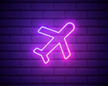 Parlayan neon uçak simgesi tuğla duvar arka planında izole edildi. Uçan uçak. Uçak sigortası. Güvenlik, güvenlik, koruma, konsept koruma. Vektör.