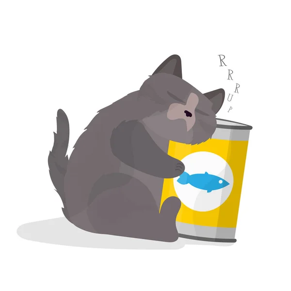 Кумедний Пухкий Кіт Обіймає Банку Їжі Задоволені Котячі Наклейки Добре — стоковий вектор