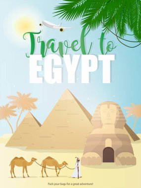 Mısır bayrağına git. Mısır sfenksi, piramitler, palmiye ağaçları ve develer. Mısır 'a reklam turları için çok uygun. Vektör posteri.