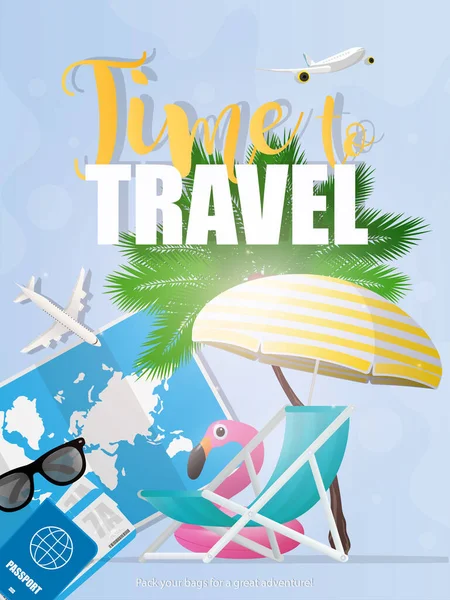 是时候旅行了横幅是蓝色的 世界地图 太阳镜 飞机缩略图 海滩甲板椅子和伞 粉红火烈鸟形状的可充气圆圈 矢量说明 — 图库矢量图片