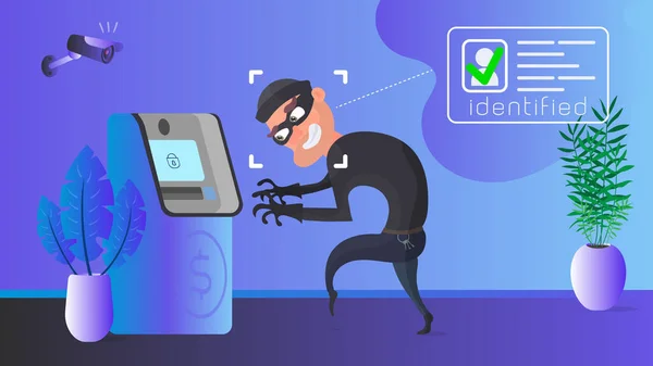 泥棒がAtmを盗んでる 泥棒の身分証明書 セキュリティの概念 — ストックベクタ