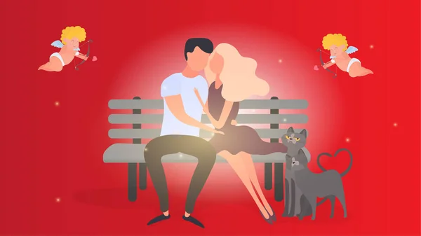 Una Pareja Cariñosa Abrazándose Banco Bandera Roja Novio Chica Gatos — Vector de stock