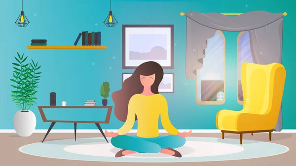 Girl Meditating Room Girl Doing Yoga Vector Illustration — 图库矢量图片