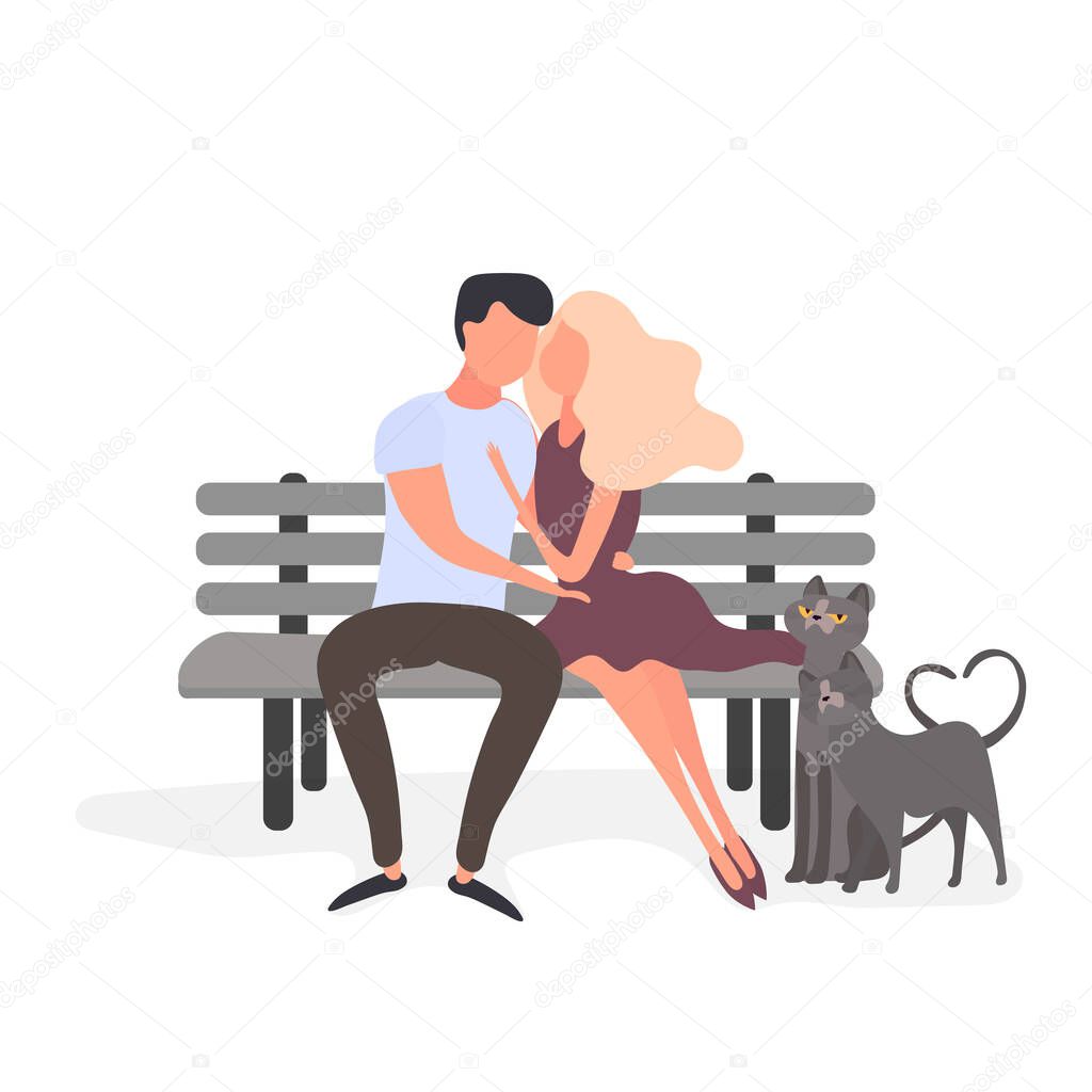 Loving couple cuddling on a bench isolated on a white background. Boyfriend, girl, cats, hugs, love. Element for design on the theme of St. Valentine's Day. Vector.