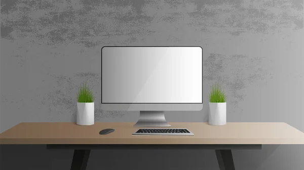 Büroarbeitsplätze Monitor Tastatur Computermaus Tischlampe Zimmerpflanze Vektor — Stockvektor