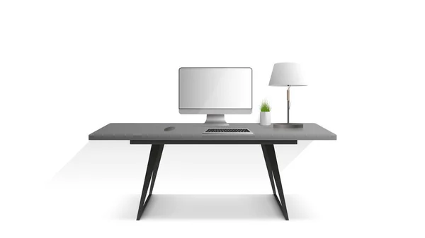 Arbeitsplatz Isoliert Auf Weißem Hintergrund Monitor Tastatur Computermaus Tischlampe Zimmerpflanze — Stockvektor