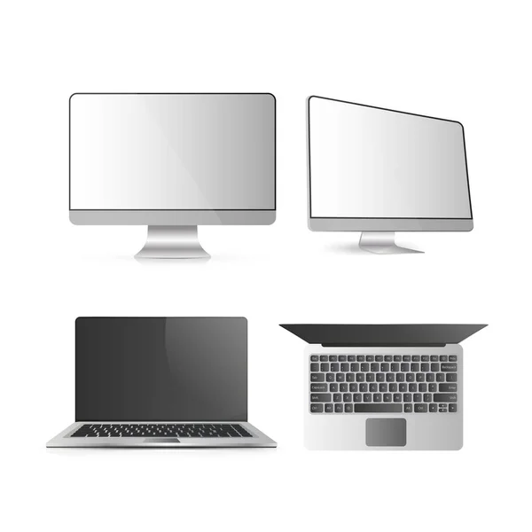 Set Computers Desktop Open Laptop Isolated White Background Realistic Vector — Stock Vector