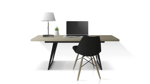 Moderne Werkplek Geïsoleerd Een Witte Achtergrond Houten Kantoortafel Laptop Fauteuil — Stockvector