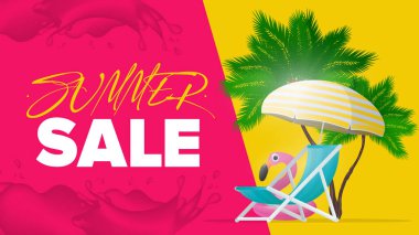 Yaz zamanı indirimi. Güverte sandalyesi ve beyaz arka planda sarı çizgili güneş şemsiyesi. Palmiye ağaçları ve pembe flamingo yüzme çemberi. Vektör illüstrasyonu
