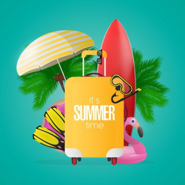Yaz mevsimi teması üzerine kompozisyon. Kırmızı sörf tahtası, turizm için sarı bavul, paletler, yüzme maskesi, gözlükler, palmiye ağaçları, şemsiye, yüzmek için lastik halkalar. Vektör.