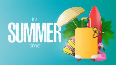 Yaz zamanı mavi pankart. Kırmızı sörf tahtası, turizm için sarı bavul, paletler, yüzme maskesi, gözlükler, palmiye ağaçları, şemsiye, yüzmek için lastik yüzük. Vektör.