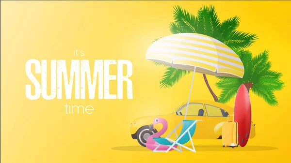 Cartaz Amarelo Hora Verão Guarda Sol Cadeira Praia Círculo Flamingo — Vetor de Stock