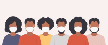 Maske takan Afrikalı Amerikalılar. Virüslere karşı koruma, bakteriler, sis, gaz emisyonları ve kentsel hava kirliliği. Vektör.