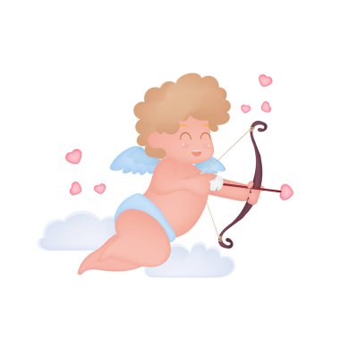 Cupids Silueti. Klasik Aşk Tanrısı Vektörü. Sevgililer Günü kartı. Fiyonk atıyor. Düz Çizgi Film Çizimi