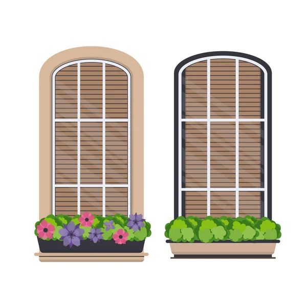 Conjunto Janelas Semicirculares Com Flores Estilo Plano Janela Com Persianas — Vetor de Stock