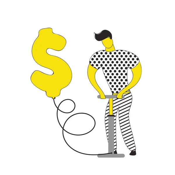Homme Affaires Gonfle Dollar Des Gens Linéaires Des Couleurs Réelles — Image vectorielle
