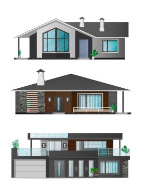 Modern evler, yazlık evler, gölgeli bir kasaba evi. Dışarıdaki kulübenin mimari görselleştirmesi. Gerçekçi vektör illüstrasyonu.