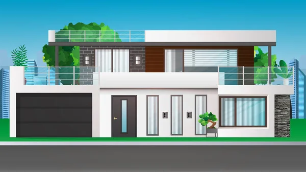 Modern Huis Huisje Huisje Dorpshuis Met Schaduwen Achtergrond Van Stad — Stockvector