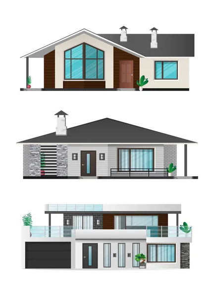 Set Rumah Modern Pondok Rumah Kota Dengan Bayangan Visualisasi Arsitektur - Stok Vektor