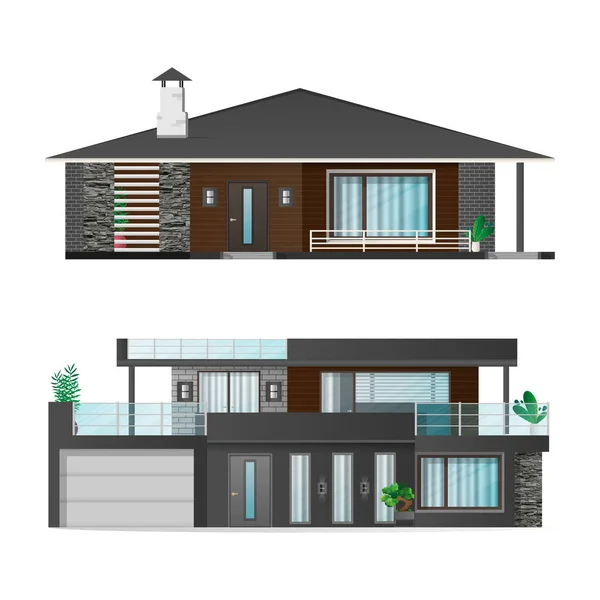 Set Rumah Modern Pondok Rumah Kota Dengan Bayangan Visualisasi Arsitektur - Stok Vektor