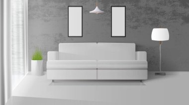 Modern çatı katı tarzı iç mekan. Beton duvarlı bir oda. Beyaz kanepe, beyaz abajurlu zemin lambası, bir demlik çimen. Vektör illüstrasyonu