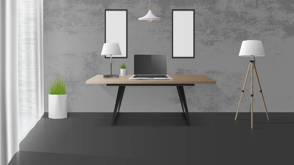 Moderne Werkplek Een Stijlvolle Loft Houten Bureau Laptop Tafellamp Kantoorontwerp — Stockvector