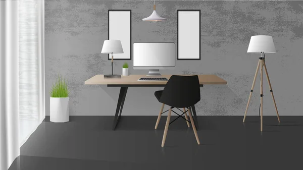 Arbeitsplatz Moderne Loft Stil Zimmer Monitor Tastatur Computermaus Tischlampe Zimmerpflanze — Stockvektor