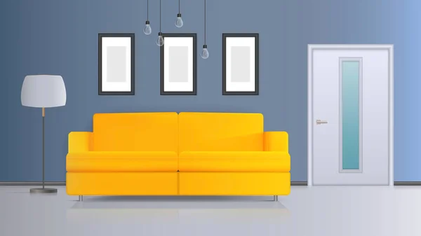 内装のベクトルイラスト 黄色のソファ 白いドア 白いランプシェード付きの床ランプ 白い天井ランプ 現実的なベクトルインテリア — ストックベクタ