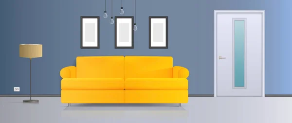 Vektorová Ilustrace Interiéru Žlutá Pohovka Bílé Dveře Podlahová Lampa Bílým — Stockový vektor