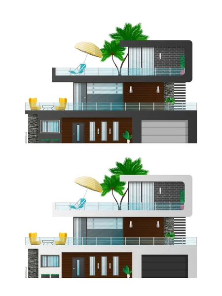 大規模な近代的な3階建ての家 コテージ 影の町の家 外のコテージの建築の可視化 現実的なベクトル図 — ストックベクタ