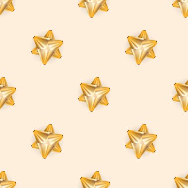 Altın yay ve kusursuz desen. Sonsuz özgeçmiş. Şampanya rengi. Kartpostallara, parmak izlerine ve özgeçmişlere uygun. Vektör illüstrasyonu.