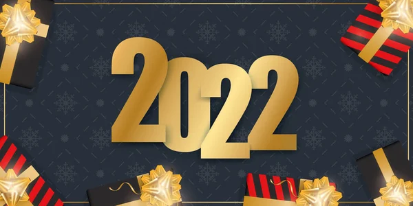 2022 New Year Dark Blue Banner Background Realistic Gift Boxes — Stock Vector