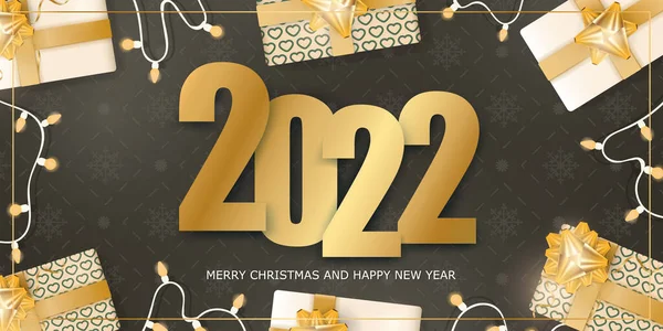 2022 Brown Banner Merry Christmas Happy New Year Background Realistic — Stock Vector