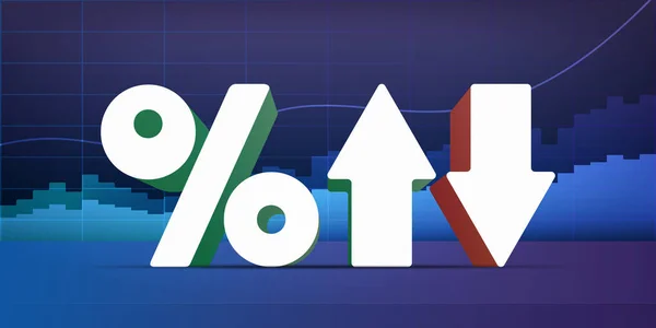 Finansal tabloların arka planında yukarı ve aşağı oklar olan yüzdeler. Neon renkleri. Analizler, iş ya da finansal takas konsepti. Vektör.