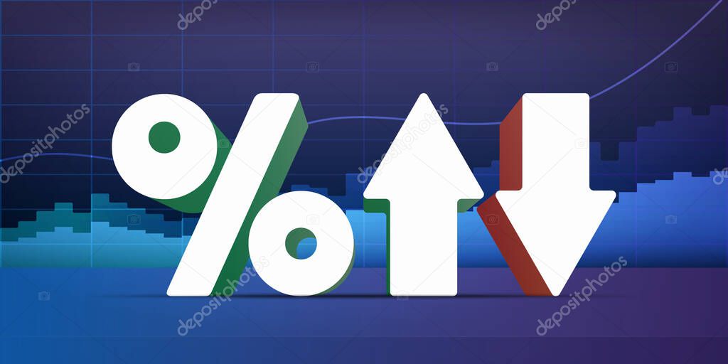 Percentage with up and down arrows on the background of financial charts. Neon colors. Analytics, business or financial exchange trading concept. Vector.