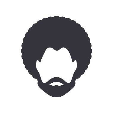 Afro kıvırcık saçlı siyah adam portresi, berber dükkanı ve saç stili. Sakallı, bıyıklı ve favorili sağlıklı genç bir zenci. Beyaz arkaplanda logo simgesi izole edildi