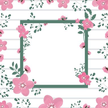 Çiçekler ve yapraklarla dolu bir arka plan. Kart için kare arkaplan, düğün davetiyesi ya da metnin altında bir yeri olan poster. Vektör.