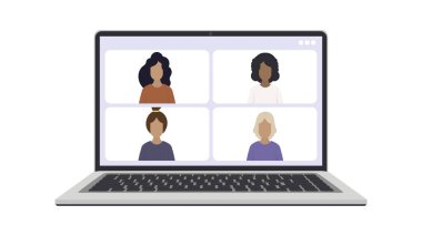 İnternetteki konferans. Video iletişimi için uygulama penceresi. Beyaz ekranlı, modern, parlak bir laptop. Beyaz arka planda izole edilmiş. Vektör Eps10