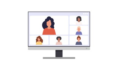 Video iletişimi için uygulama penceresi. Modern parlak beyaz ekran monitörü. Reklam tasarımı için. Beyaz arka planda izole edilmiş. Vektör illüstrasyonu