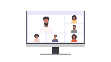 Video iletişimi için uygulama penceresi. Modern parlak beyaz ekran monitörü. Reklam tasarımı için. Beyaz arka planda izole edilmiş. Vektör illüstrasyonu