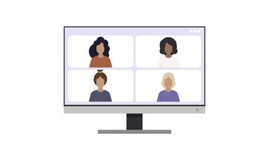 Video iletişimi için uygulama penceresi. Modern parlak beyaz ekran monitörü. Reklam tasarımı için. Beyaz arka planda izole edilmiş. Vektör illüstrasyonu