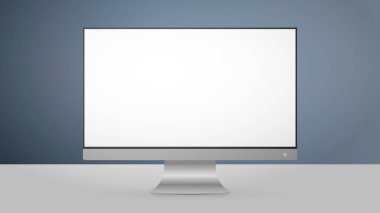 Masanın üzerinde beyaz ekranlı bir monitör var. Açık ahşap masa. İş yeri. Reklam tasarımı için hazır bir şablon. Gerçekçi vektör.