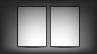 Siyah çerçeveli iki beyaz resim beton bir duvarda asılı. Gri beton duvar. Tasarımınız için gerçekçi bir pankart. Vektör.