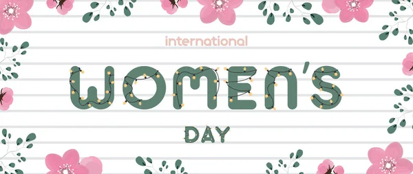 Bandera Del Día Internacional Mujer Letras Verdes Con Guirnaldas Sobre — Vector de stock