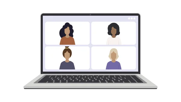 İnternetteki konferans. Video iletişimi için uygulama penceresi. Beyaz ekranlı, modern, parlak bir laptop. Beyaz arka planda izole edilmiş. Vektör Eps10