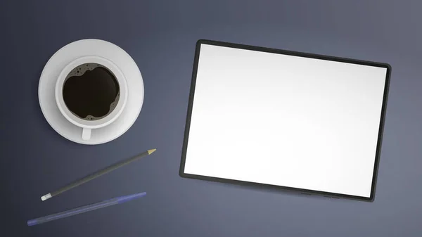 Fehér Képernyős Tabletta Van Asztalon Asztal Kávéscsésze Felülnézet Munkahelyi Kész — Stock Vector