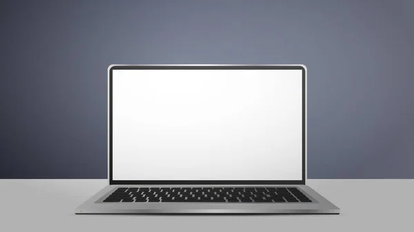 Beyaz ekranlı bir laptop. Masanın üzerinde duruyor. Açık ahşap masa. İş yeri. Reklam tasarımı için hazır bir şablon. Gerçekçi vektör.
